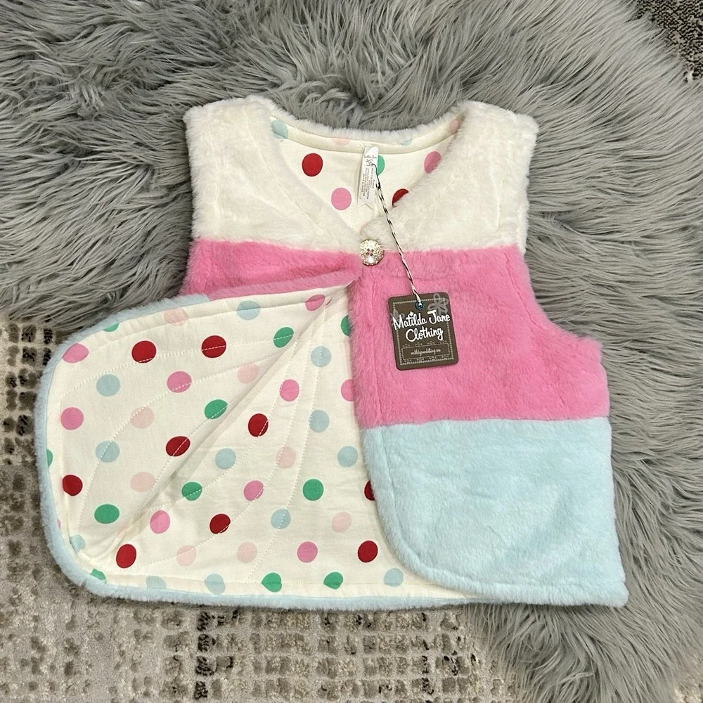 Matilda Jane Girls Gumdrop Lane Vest Size 14 Polka Dot Fur‎ Vest New